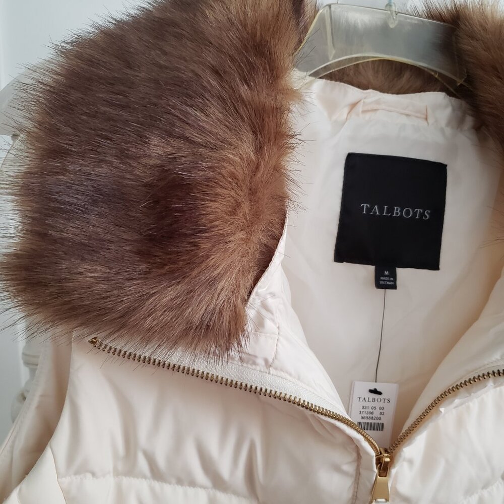 BNWT TALBOTS Faux Fur Collar Down Puffer Vest in ivory earthy camel collar (M) - Picture 2 of 11